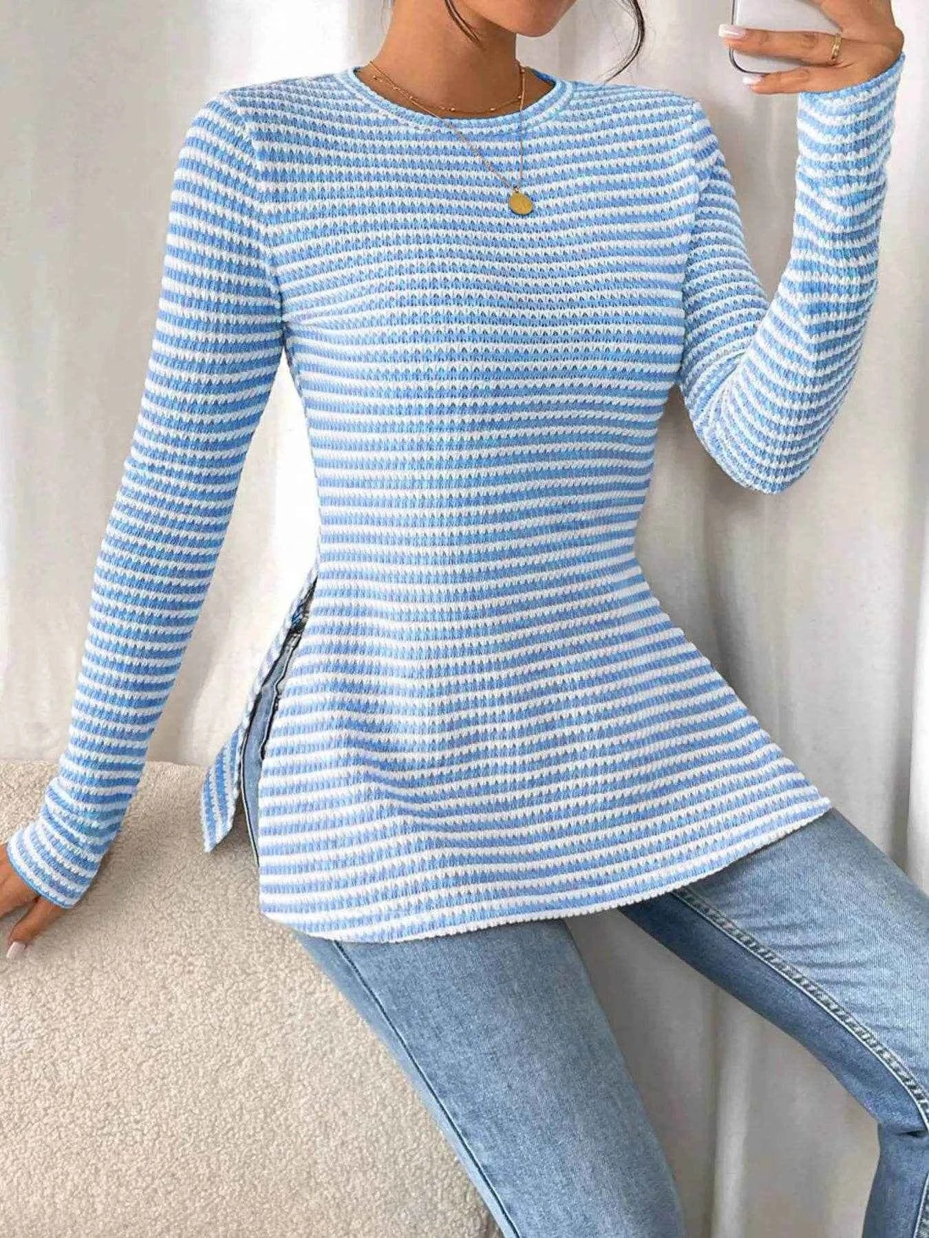 Side Slit Striped Long Sleeve T-Shirt Light Blue Trendsi af3a4bddd8b9492c931451801e677aa3-Max-Origin