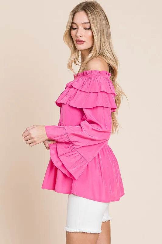 Lime 'N' Chili Ruffled Trumpet Sleeve Off-The-Shoulder Top Trendsi af6cdae2c0534512aedccb54152f28e4-Max-Origin