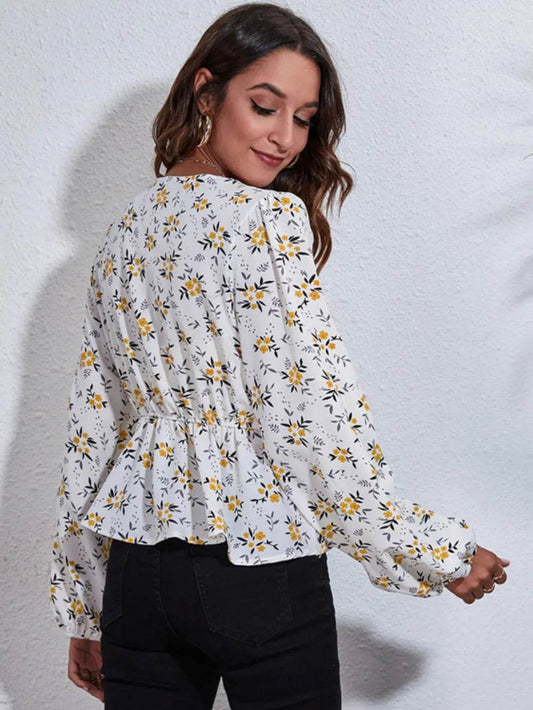 Floral V-Neck Balloon Sleeve Peplum Blouse Trendsi af855c05f6ce47c59f6afb9e3d461fc3-Max