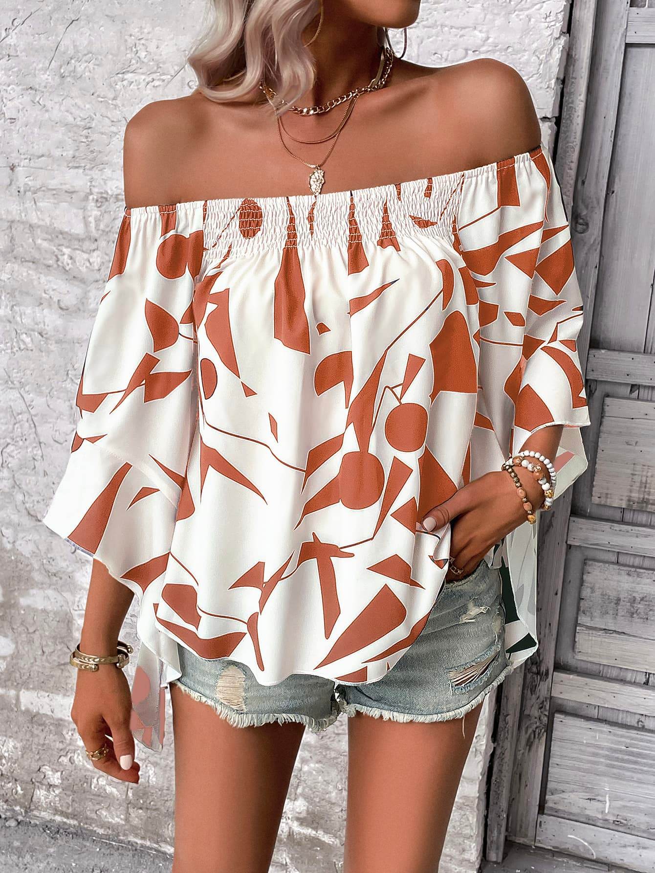 Printed Off-Shoulder Bell Sleeve Blouse Trendsi af8c0f3c8c2a43cc990955b717355e8b-Max