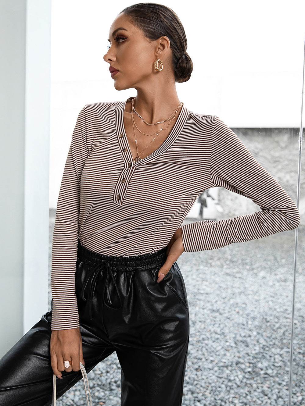 Ivy Lane Striped Buttoned V-Neck Long Sleeve Top Burgundy Trendsi af91d769f8d04927b42b826af178a964-Max