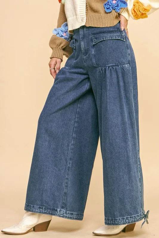Davi & Dani Drawstring Hem Wide Leg Mid Rise Jeans Trendsi afb1f7b7-e227-4055-a9ad-145027b33e4d-Max