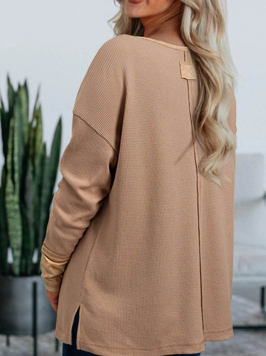 Waffle Textured Tunic Henley Top with Slits Trendsi afc3328c-66dd-4a35-b6ce-bd615a9131d0-Max-Origin