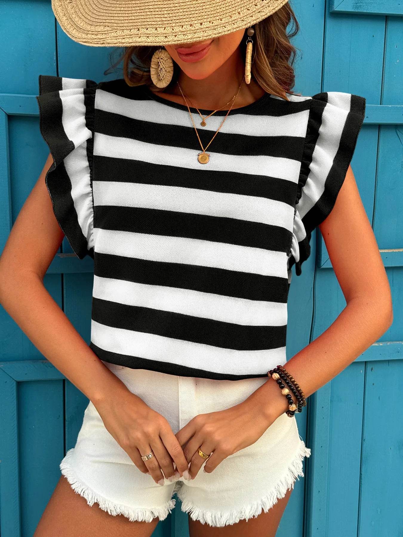 Contrast Striped Ruffle Sleeve T-Shirt Trendsi afc541b242a44252a9d02be5fa9b40b0-Max-Origin