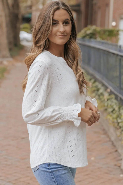 Openwork Notched Flounce Sleeve Blouse Trendsi b001e6874ea74775bbcdb8ee780d2bda-Max