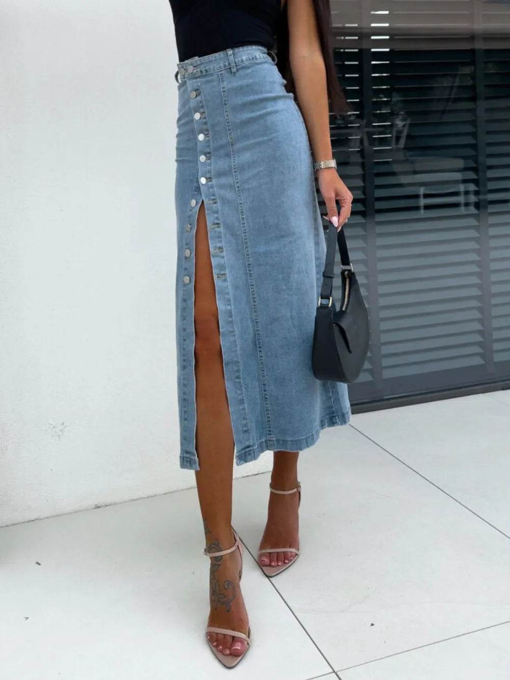 Front Button Slit Midi Denim Skirt Trendsi b008695c-c92b-46c3-a627-796f39dfe87a-Max