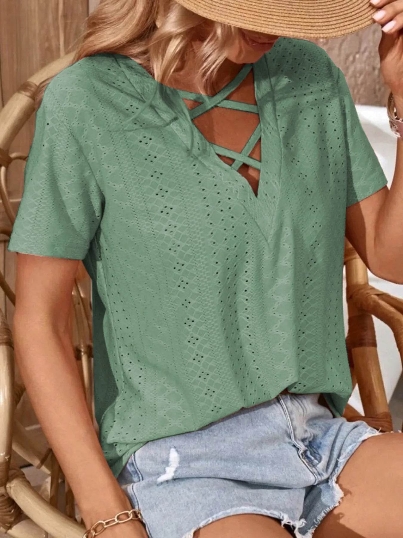 Eyelet Crisscross Short Sleeve T-Shirt Green Trendsi b037adf360f04eb1a89139c9f51761da-Max-Origin