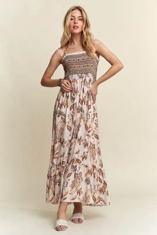 ADORA Smocked Printed Square Neck Tie Shoulder Cami Dress Trendsi b066baad-a9c2-43f5-9274-e7a0943367c9-Max