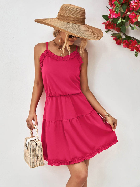 Frill Trim Spaghetti Strap Mini Dress Hot Pink Trendsi b0725fc247d44f4fb576de66946b38ed-Max