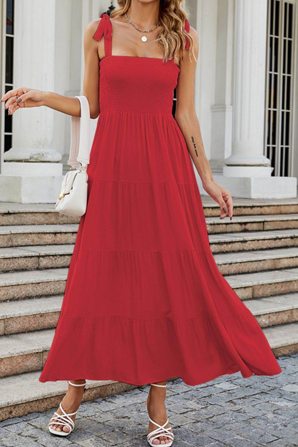 Tie-Shoulder Smocked Tiered Dress Trendsi b076cec82a264f06bdac168c6aab6e3a-Max