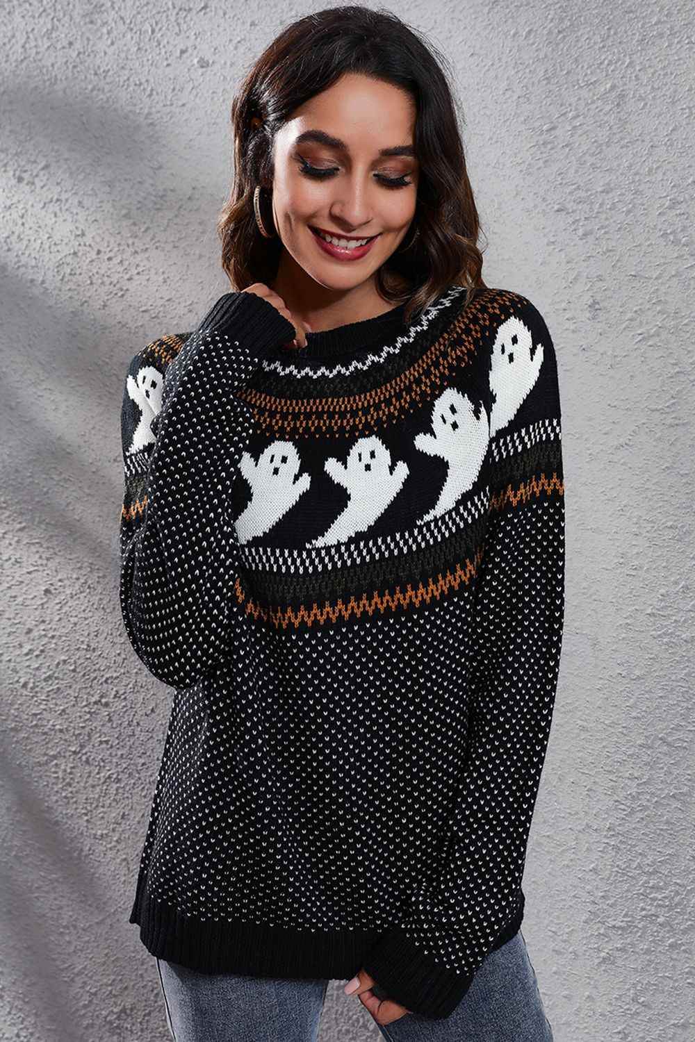 Ghost Pattern Round Neck Long Sleeve Sweater Trendsi b0a0ed2ff5084bdca4f4d4841c49b151-Max