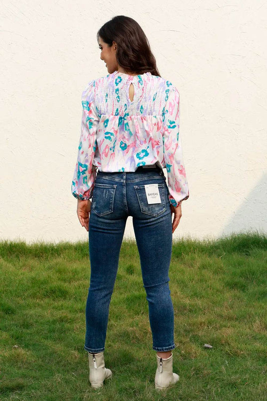 Floral Smocked Balloon Sleeve Round Neck Blouse Trendsi b0b1d0e496074a73b82c7d03a0035d78-Max