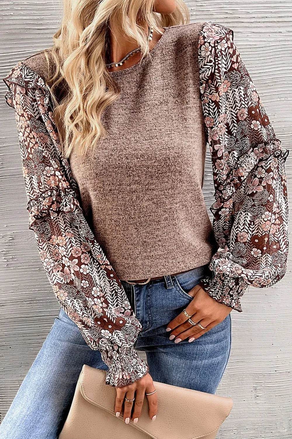 Heathered Floral Frill Lantern Sleeve Blouse Khaki Trendsi b0d3abb34491425da93f3c5ad17fb3a7-Max