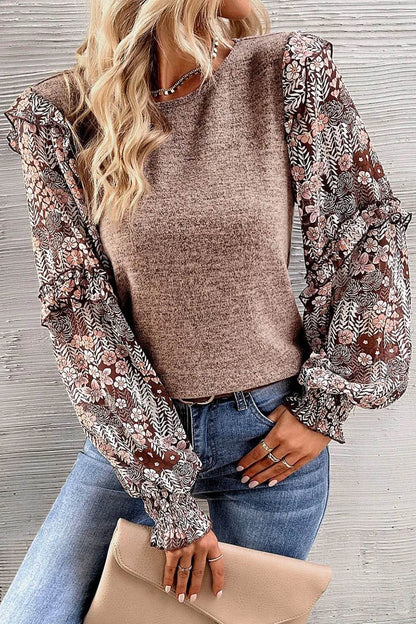 Heathered Floral Frill Lantern Sleeve Blouse Khaki Trendsi b0d3abb34491425da93f3c5ad17fb3a7-Max