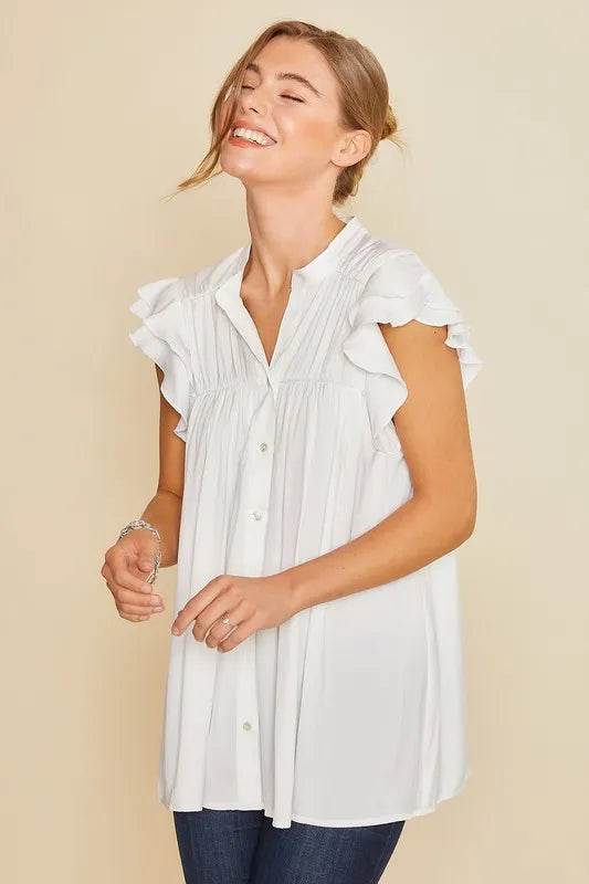 Annie Wear Ruffle Sleeve Shirred Flowy Woven Tunic Shirts Trendsi b0d97feaff734d048fd91d087c7a1df2-Max-Origin