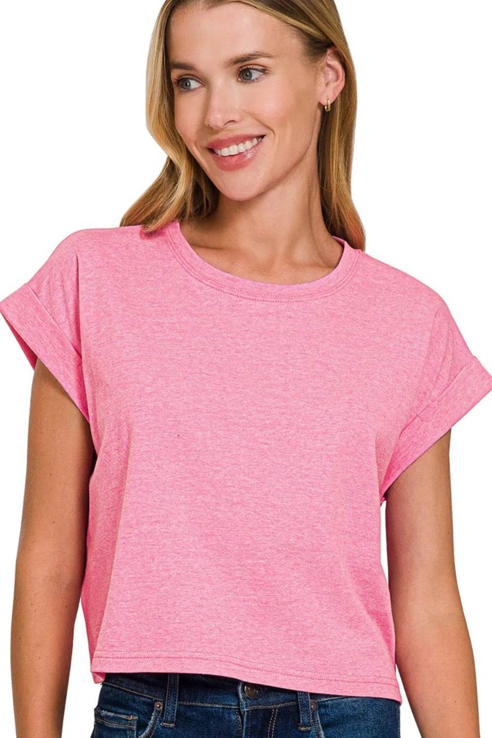 Zenana Rolled Sleeve Crop T-Shirt H HOT PINK Trendsi b0e21c52-00b2-447c-b722-eeb25d365f80-Max-Origin