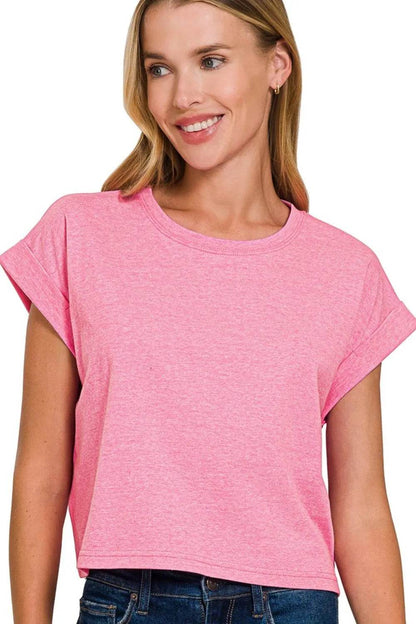 Zenana Rolled Sleeve Crop T-Shirt H HOT PINK Trendsi b0e21c52-00b2-447c-b722-eeb25d365f80-Max-Origin