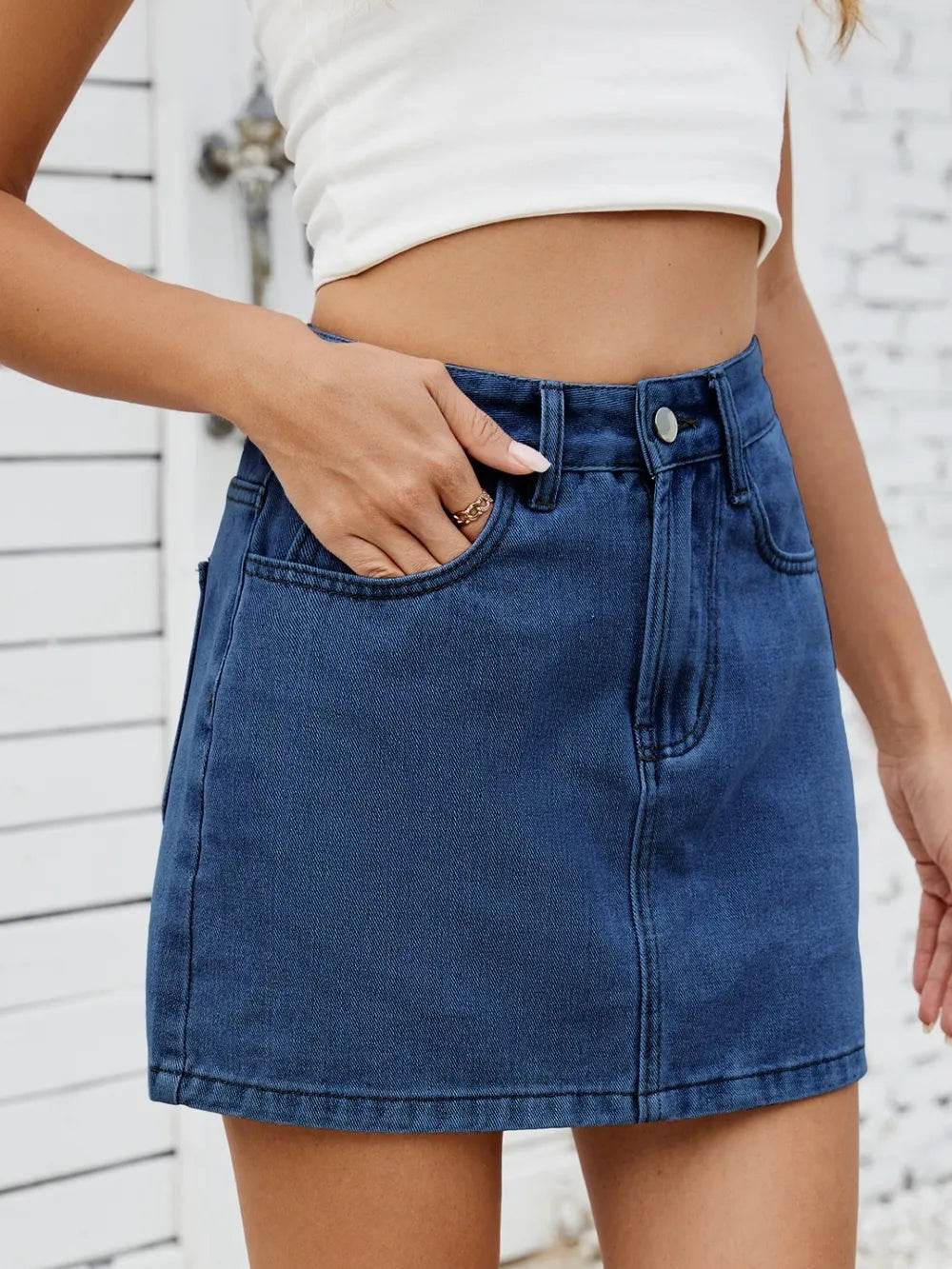 Solid Mini Denim Skirt Trendsi b0ec3ad0-5634-4f86-810d-6e3913c01b17-Max