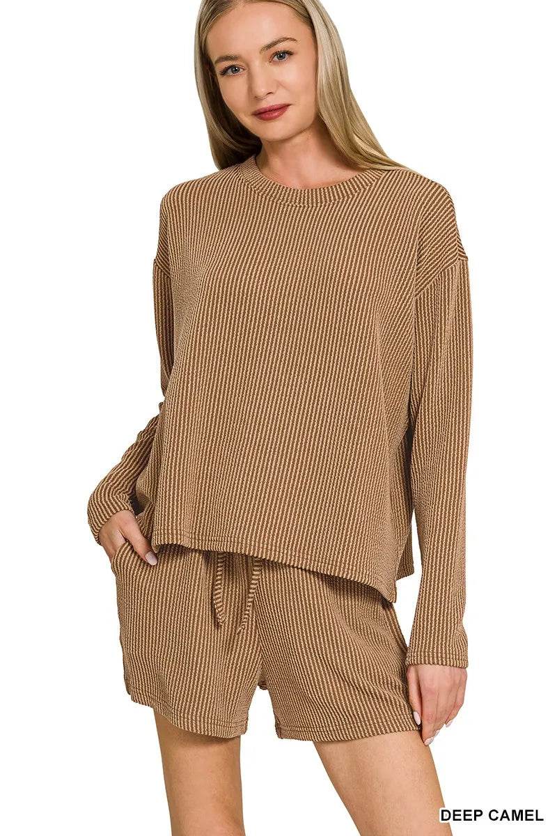 Zenana Corded Rib Long Sleeve Tee and Shorts Set DEEP CAMEL Trendsi b0ff4166b7414ff6acf3ff36a3e3015e-Max-Origin