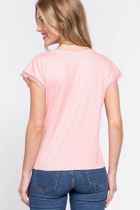 ACTIVE BASIC Lace Trim V-Neck Short Sleeve Ribbed Top Trendsi b10ce908-3ebd-4144-bfbf-03fea0e0ab38-Max