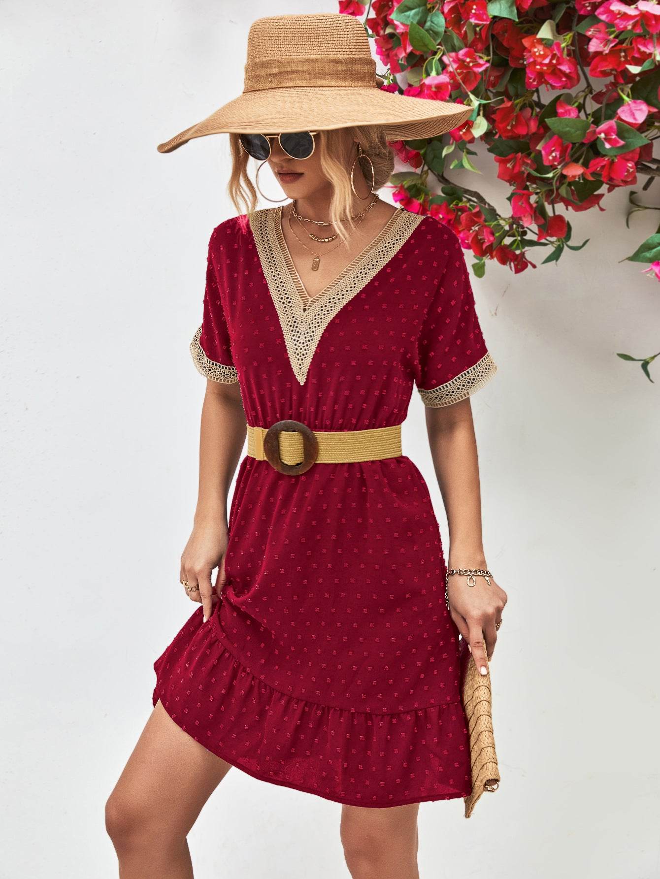 Contrast V-Neck Short Sleeve Mini Dress Burgundy Trendsi b1254809d83f415a87c0f5de9af843f3-Max
