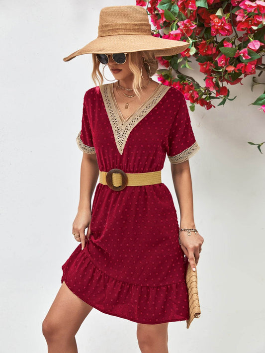 Contrast V-Neck Short Sleeve Mini Dress Burgundy Trendsi b1254809d83f415a87c0f5de9af843f3-Max