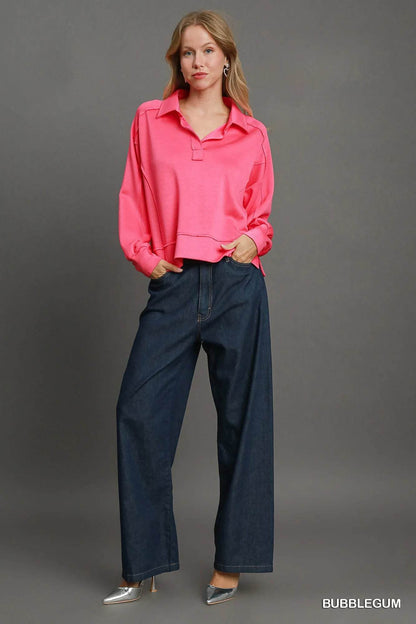 Umgee Exposed Seam Long Sleeve Polo Top with Side Slit Trendsi b12aeae7-5893-4fc7-9f67-6be3b64670ff-Max-Origin