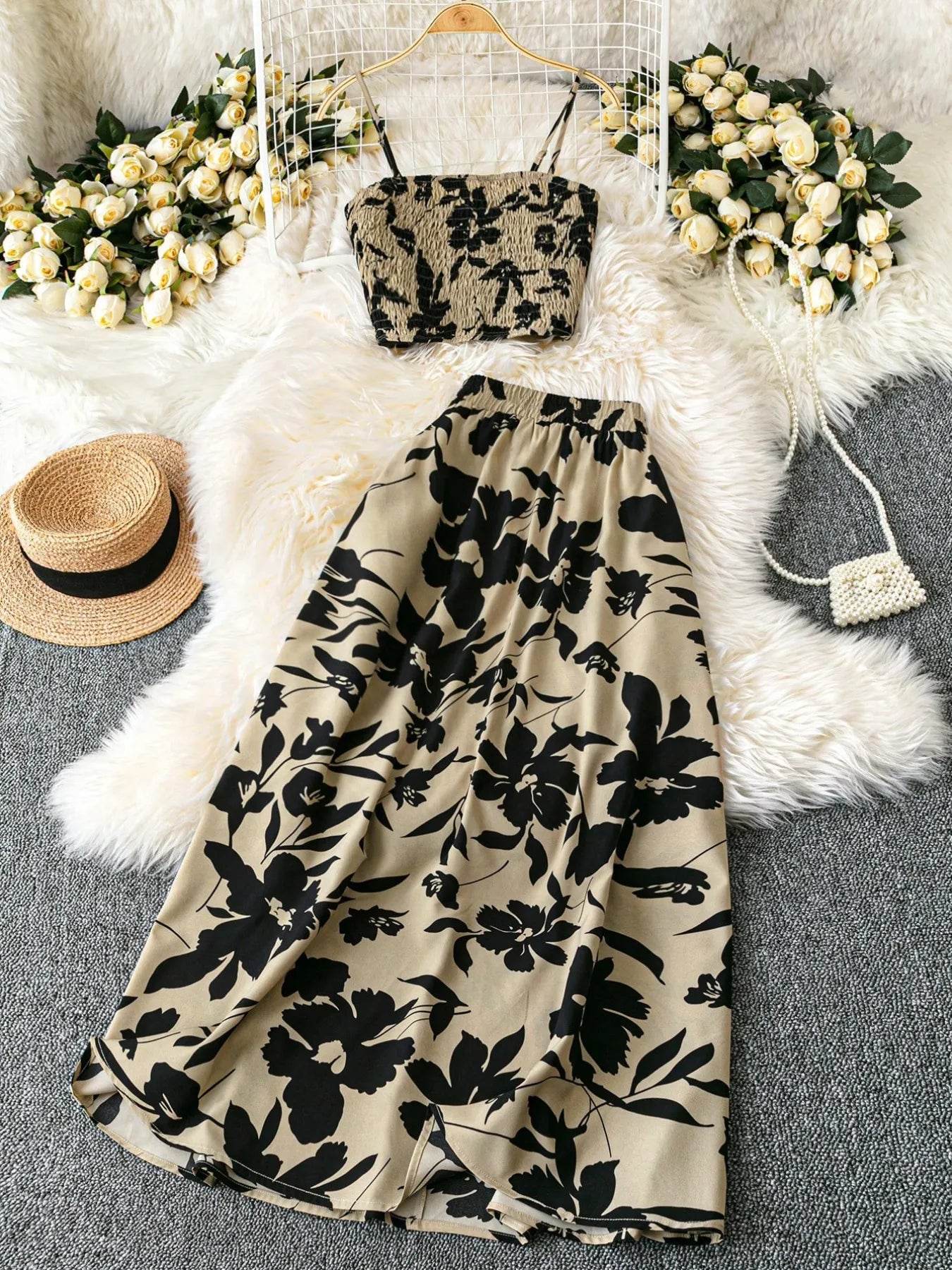 Smocked Printed Cami and Skirt Set Olive Trendsi b1331898-ac6d-4922-b348-7ff2bc9cf727-Max-Origin
