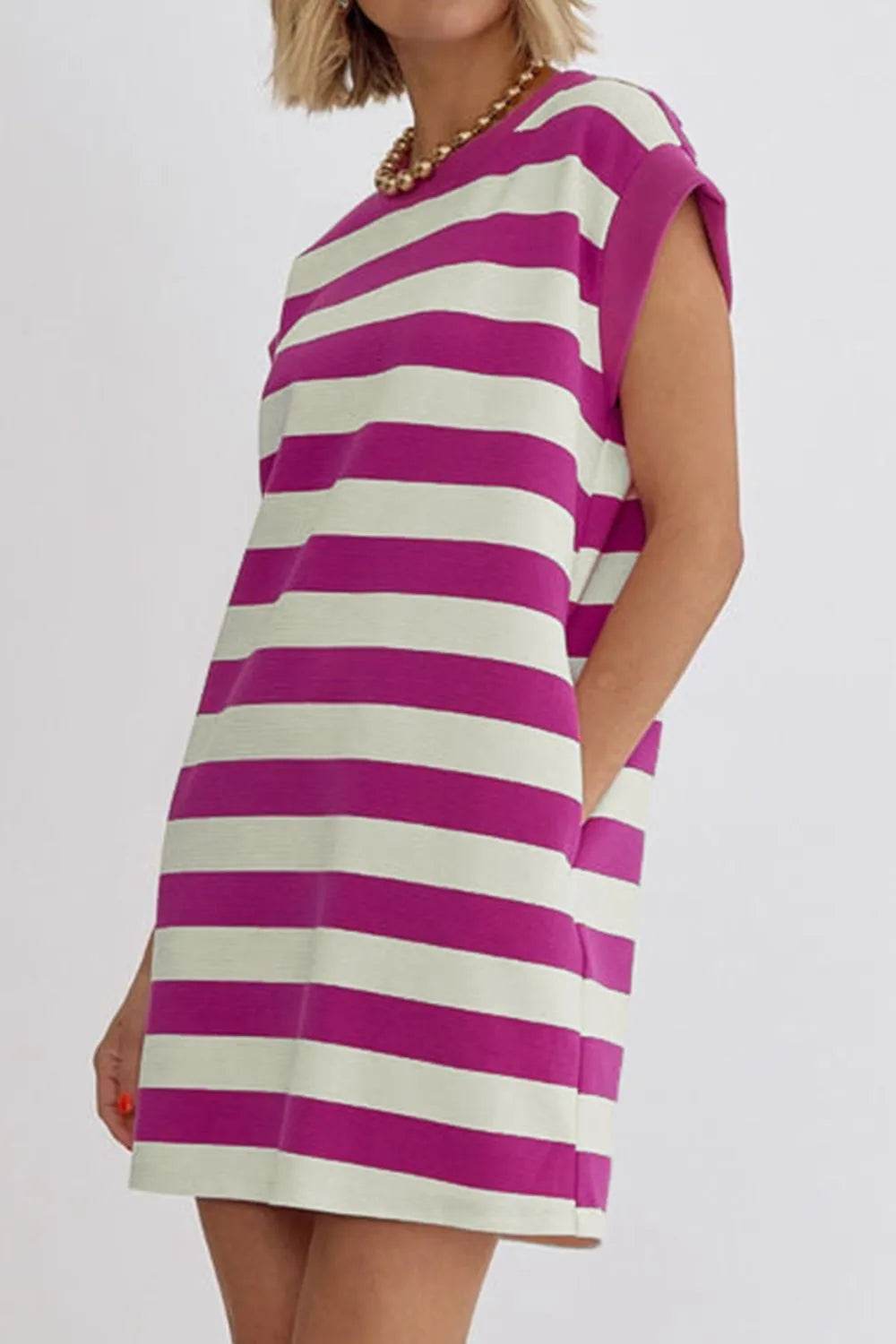 Stripe Cap Sleeve Pocketed Shift Tee Dress Trendsi b1372090-834c-4bd1-81e4-2eb4a2bb33fb-Max-Origin