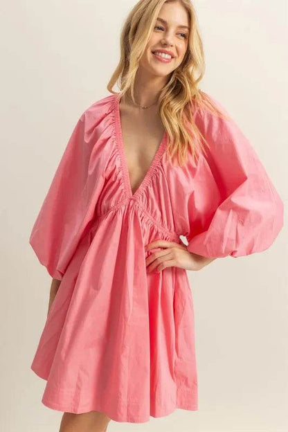 HYFVE Plunge Balloon Sleeve Poplin Mini Dress with Pockets Trendsi b144b1c3-3e5c-4679-857f-b1a69ee2bc42-Max-Origin