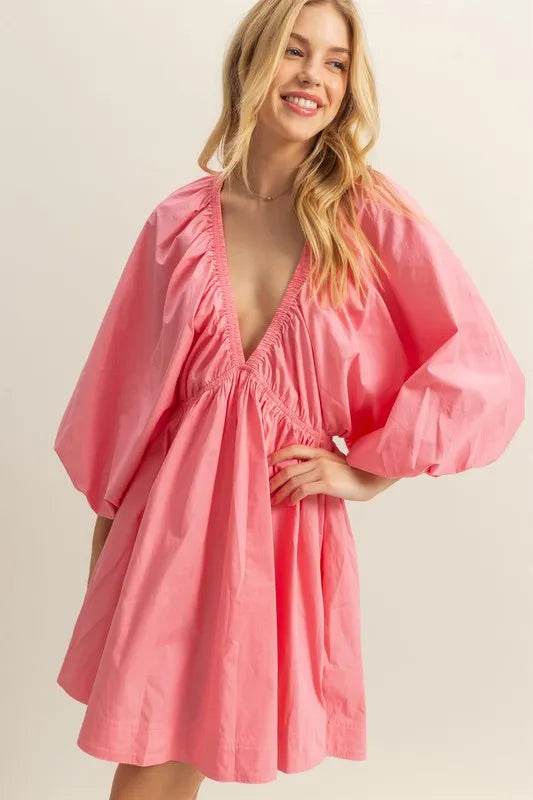 HYFVE Plunge Balloon Sleeve Poplin Mini Dress with Pockets Trendsi b144b1c3-3e5c-4679-857f-b1a69ee2bc42-Max-Origin