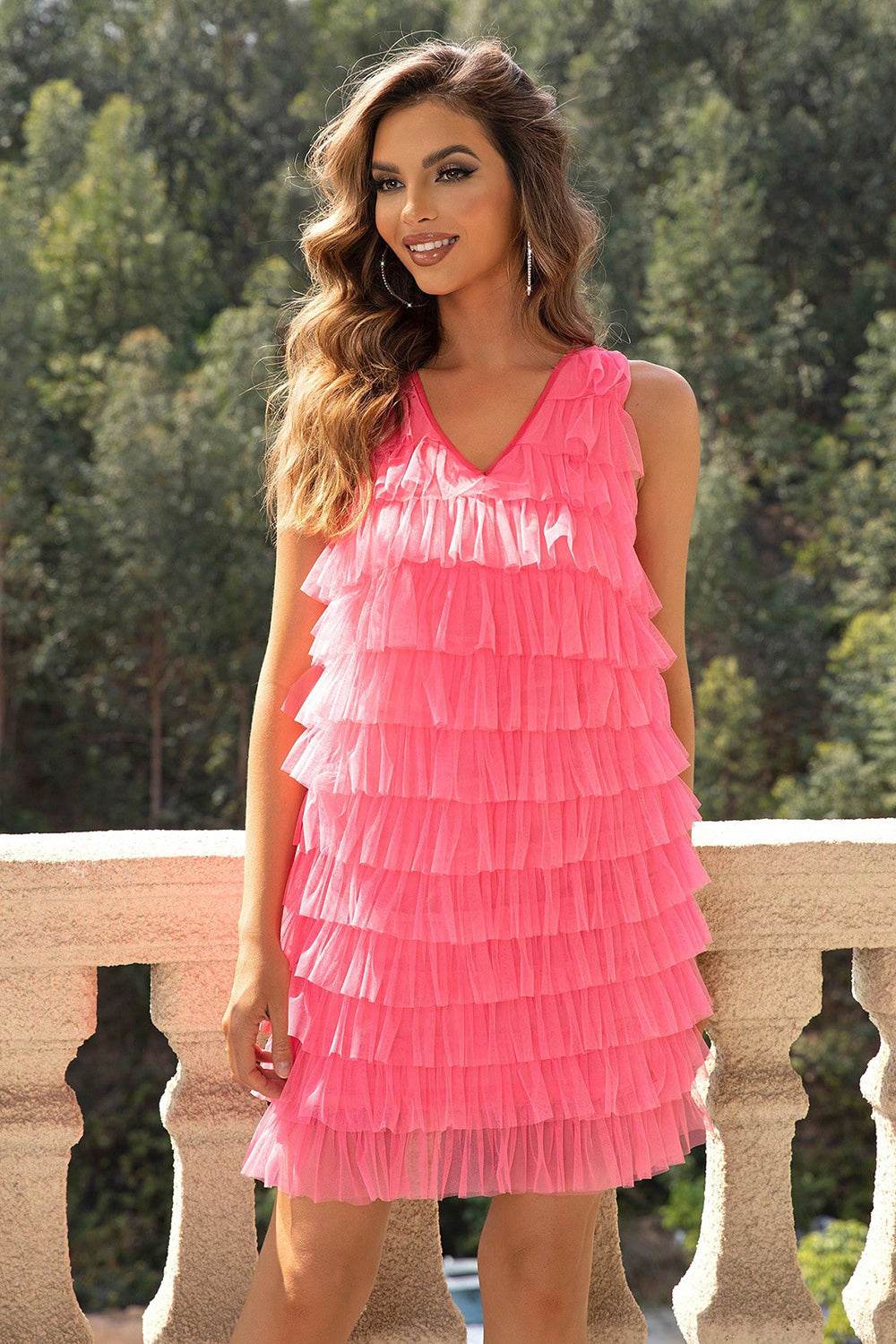V-Neck Tiered Sleeveless Mesh Dress Trendsi b14bf868a6ad4cceb145710023126645-Max