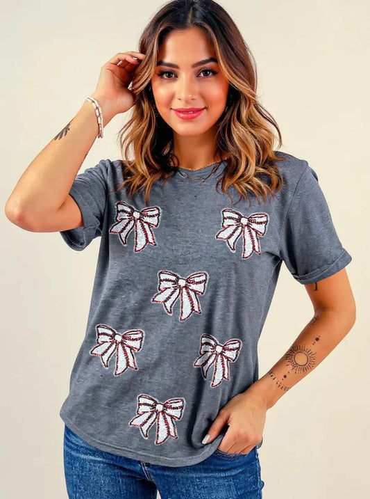 Sequin Bow Short Sleeve Tee Dark Gray Trendsi b1504755-c1a8-4931-97df-7c8cca7a4b3e-Max-Origin