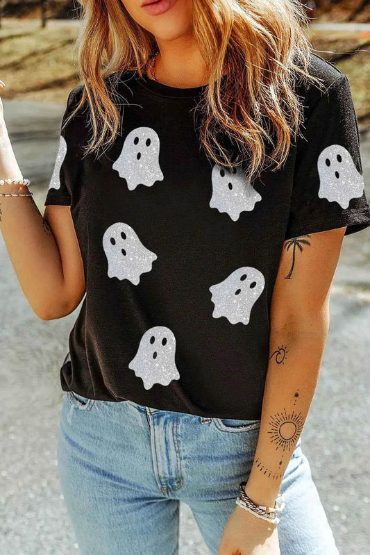 Glitter Ghost Round Neck Short Sleeve T-Shirt Black Trendsi b175c25c-4b8c-4f33-be69-cf5eff5d0294-Max