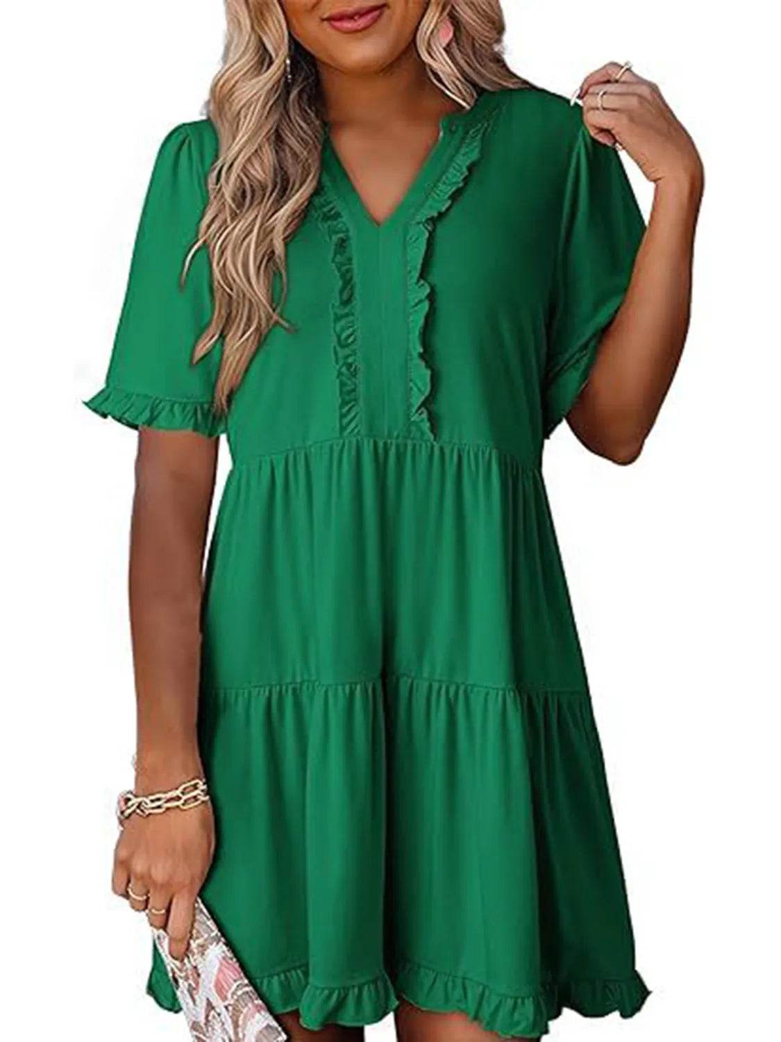 Tiered Notched Short Sleeve Mini Dress Dark Green Trendsi b177462e-ae63-440b-9fa2-e6c57eaa2228-Max-Origin