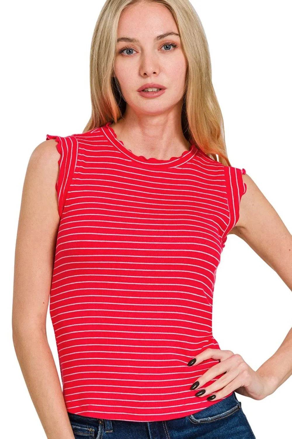 Zenana Ribbed Ruffle Trim Sleeveless Stripe Top RUBY WHITE Trendsi b1789072-ad2e-44eb-907e-4dfba0c59d1b-Max-Origin