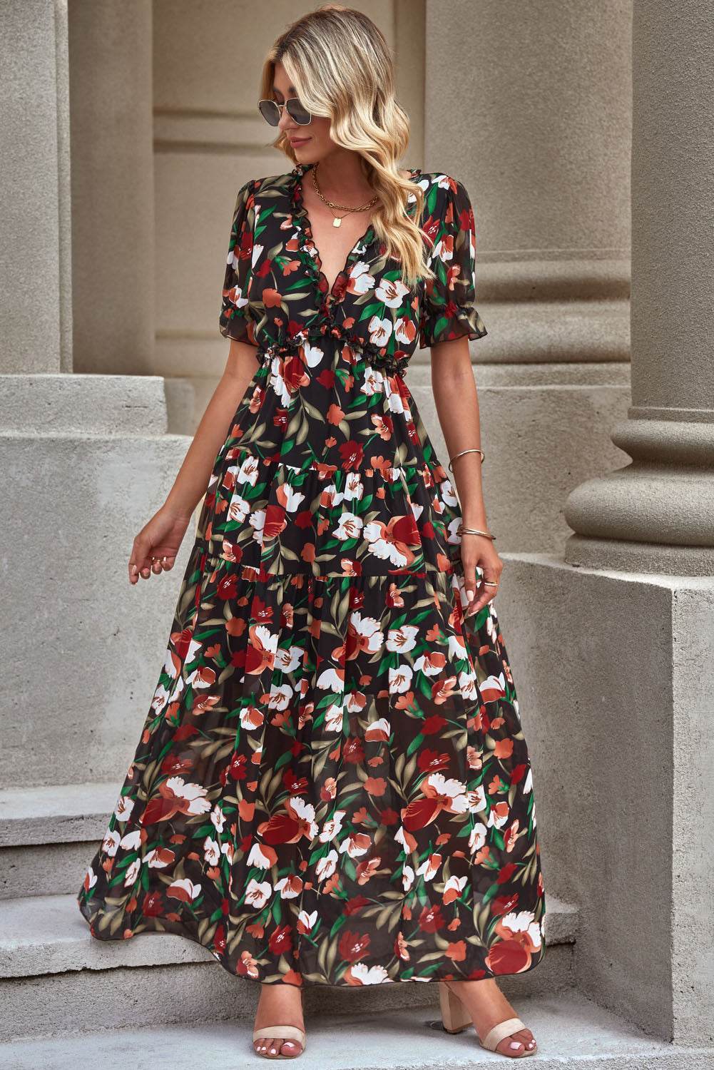 Floral V-Neck Short Flounce Sleeve Dress Trendsi b1a293f41a7d4099bef65119a3baa2d5-Max