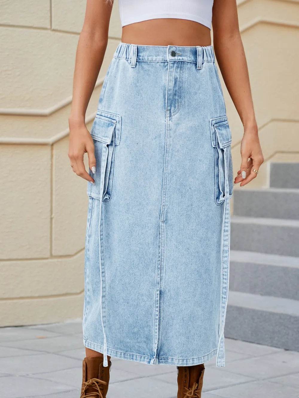 Slit Pocketed High Waist Denim Skirt Light Blue Trendsi b1cef3f7-306e-407e-bc14-1896569a8922-Max