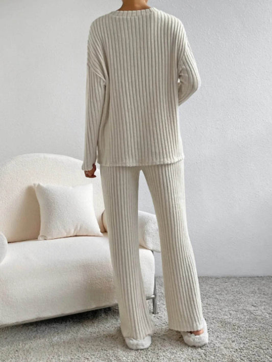 Ribbed Knit V-Neck Top and Pants Lounge Set Trendsi b1f1daa49ee04566817ab54359fe6c9e-Max-Origin