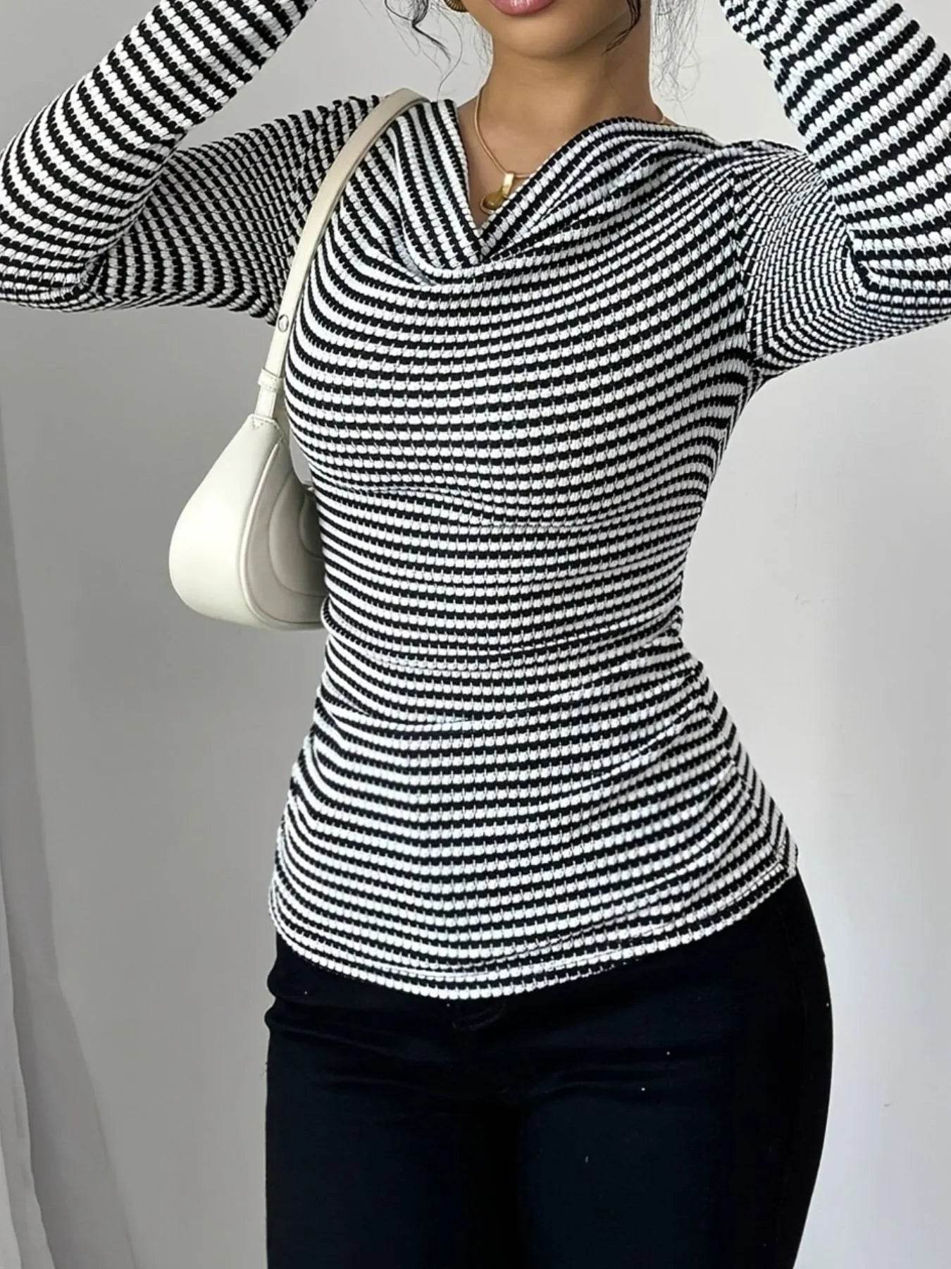Striped Cowl Neck Long Sleeve T-Shirt Trendsi b1f343b2-bfba-48ca-9c86-49f86a7e024f-Max-Origin