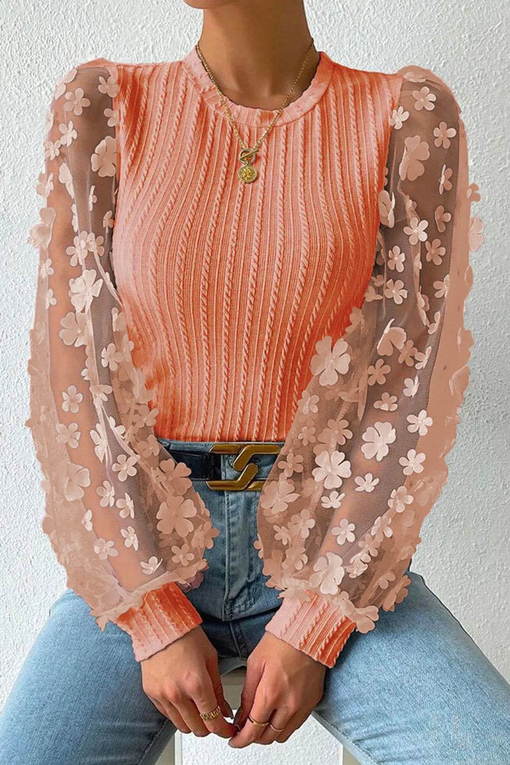Textured Applique Long Sleeve Blouse Trendsi b1f4b82a-3285-4f50-b191-e83f0af126fb-Max