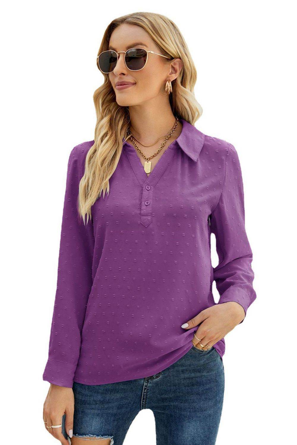 Swiss Dot Johnny Collar Blouse Trendsi b1fc69c298d1406d8e06f2d30a76b314-Max