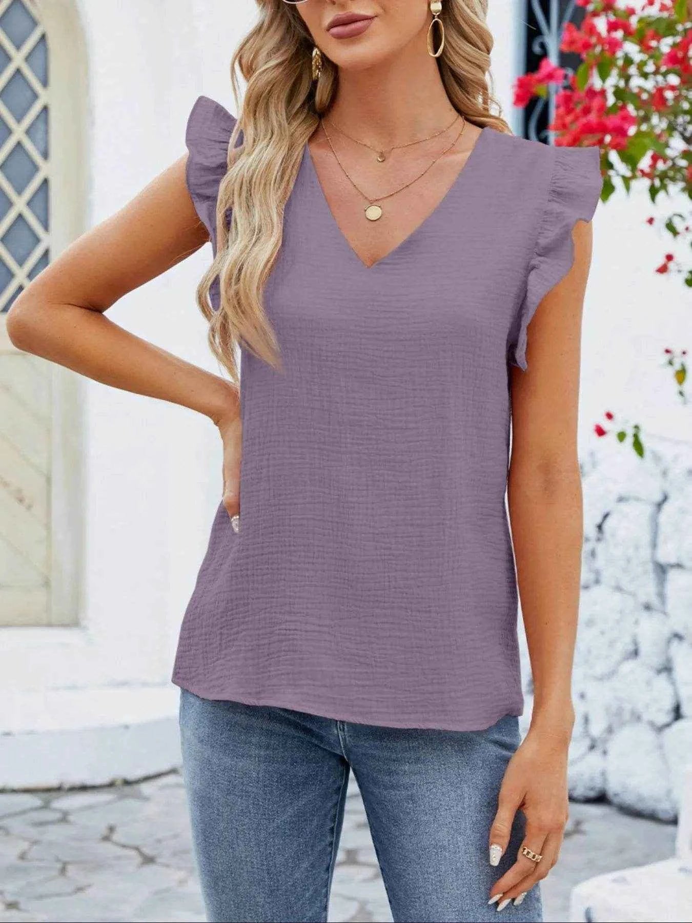 V-Neck Ruffled Sleeve Top Trendsi b2158738-4811-44f5-96f3-902f9db02811-Max-Origin