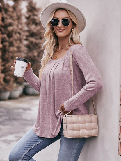 Mandy Pleated Detail Curved Hem Long Sleeve Top Trendsi b25da31b22cf4bfd905392b2a7e22283-Max