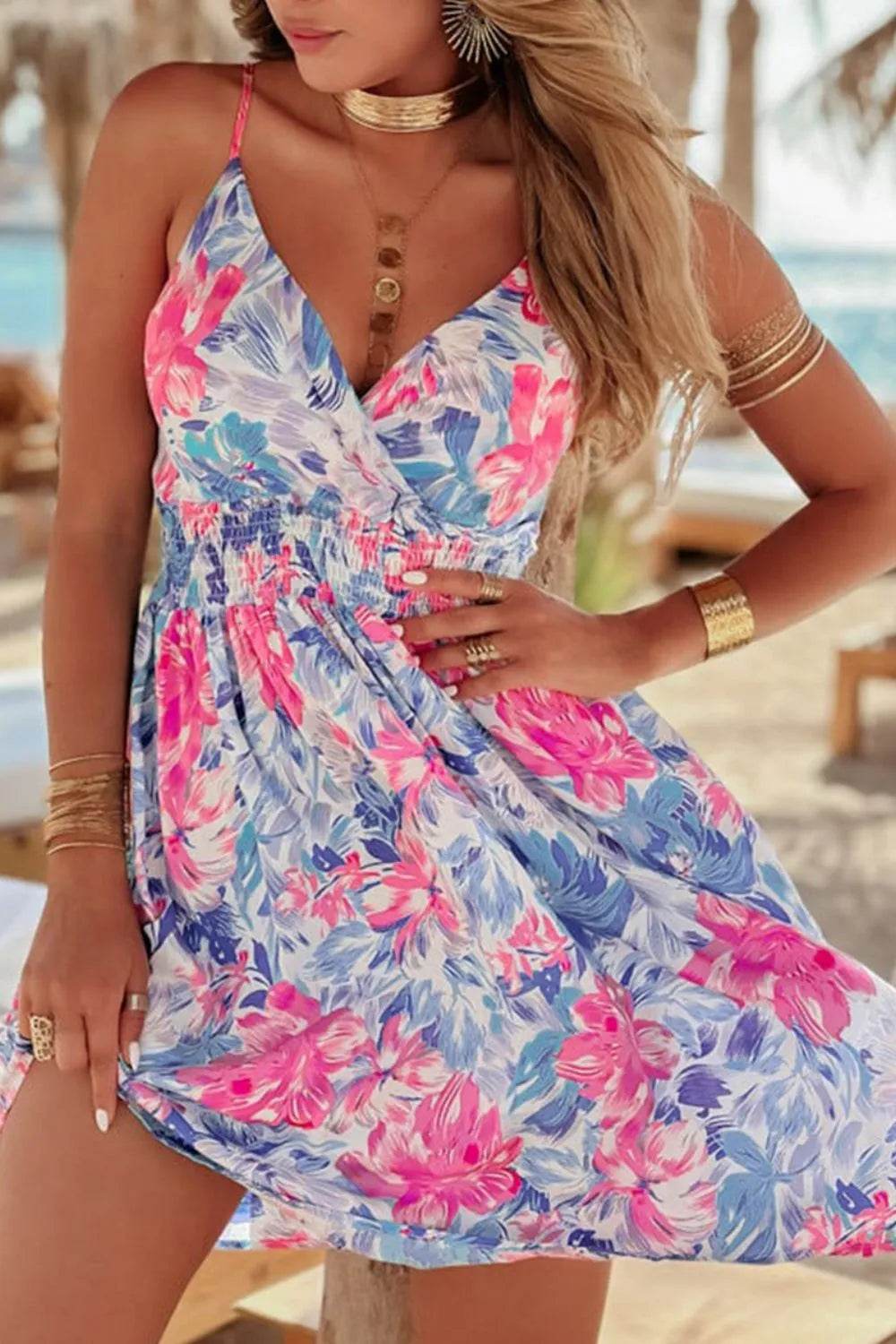 Floral Spaghetti Strap Surplice Neck Shirred Waist Mini Dress Trendsi b25e9be5-ff2d-4c3d-9d2b-0341955a75f9-Max