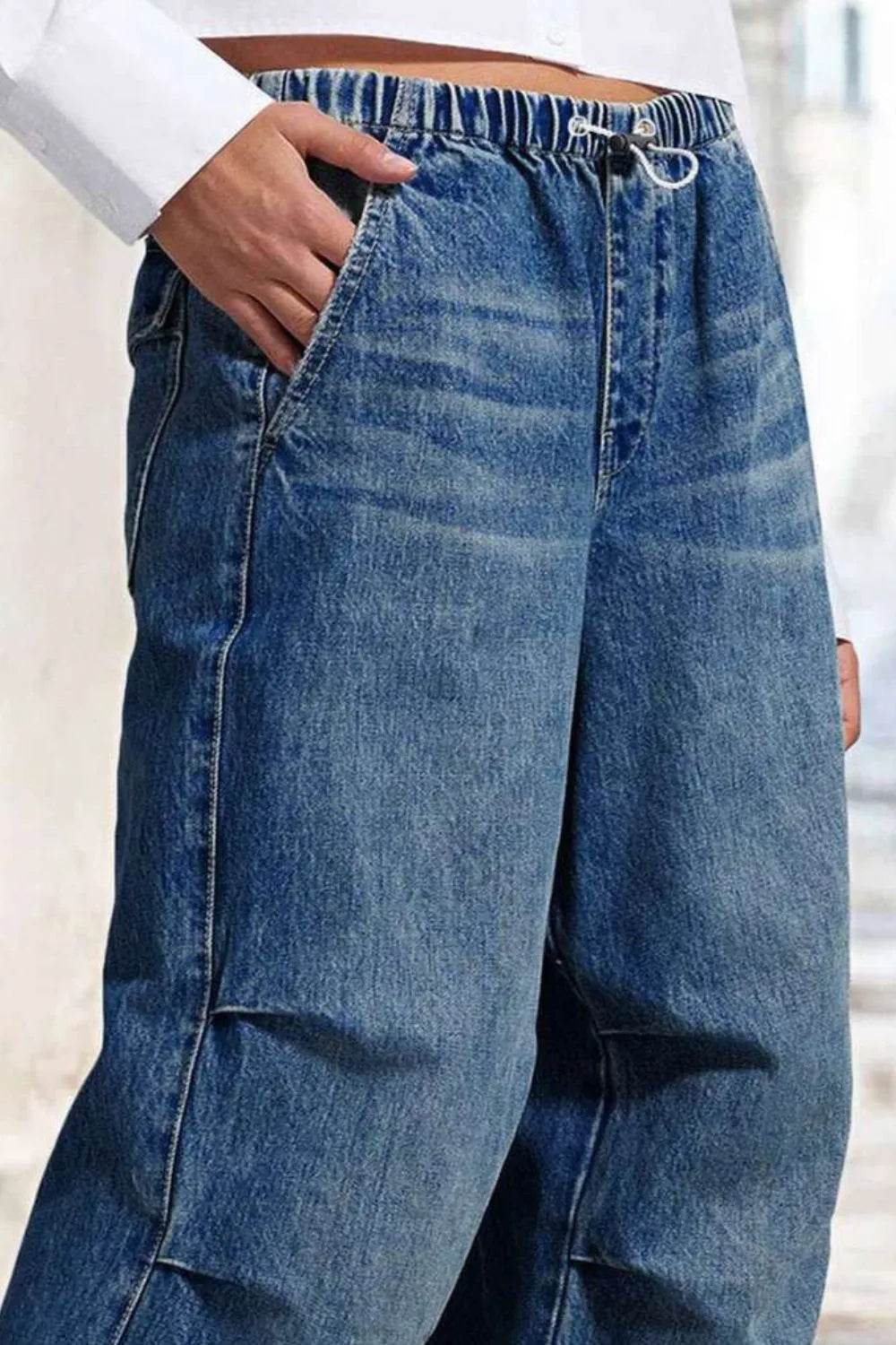 Drawstring Waist Wide Leg Shirred Jeans Trendsi b26b49df-1b24-40d6-9b68-2b45cacdfc50-Max