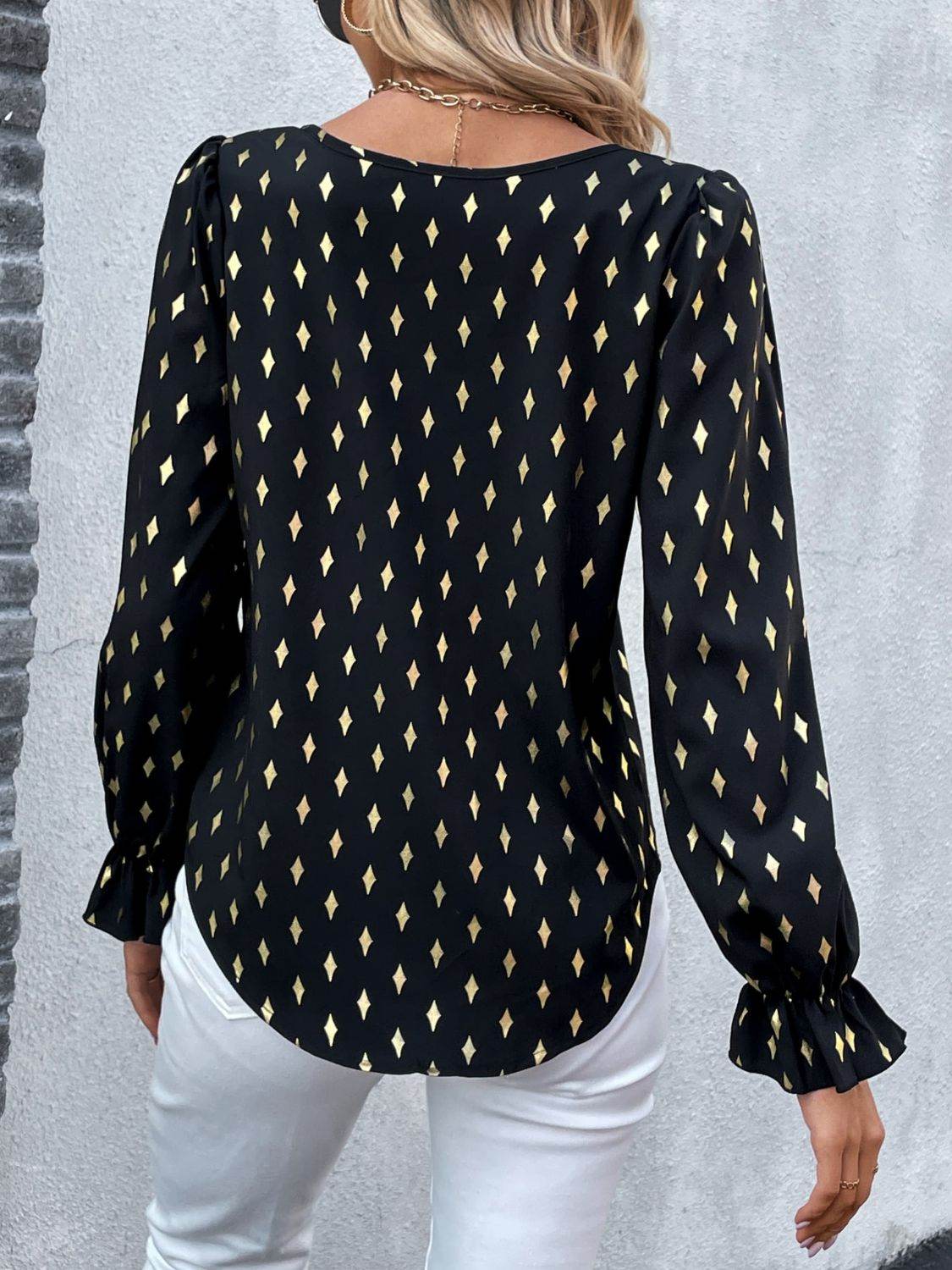 Perfee Printed Round Neck Flounce Sleeve Blouse Trendsi b276930e7f434cc5be494652c3d89854-Max