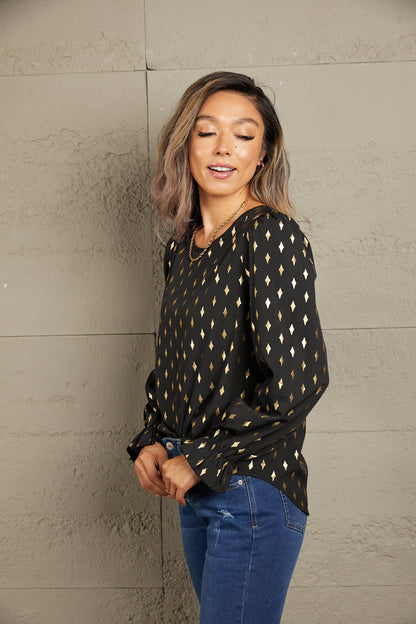 Perfee Printed Round Neck Flounce Sleeve Blouse Trendsi b28d1d361c304217a2d113d85f0dcf2b-Max