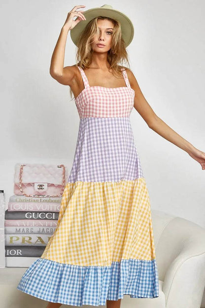 BiBi Color Block Tiered Gingham Dress Trendsi b2b760a3d92346a68bd5ffe2d0946c34-Max-Origin