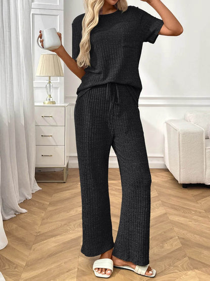 Ribbed Knit Short Sleeve Top and Pants Lounge Set Black Gray Trendsi b2c4a6c0097e419fa48ffc64cc2cbeed-Max-Origin